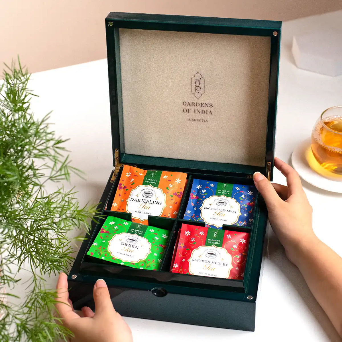 Springly Tea Box Signature Sapphire Tea Box - 4 variants, 32 Tea Bags – Gardens Of India